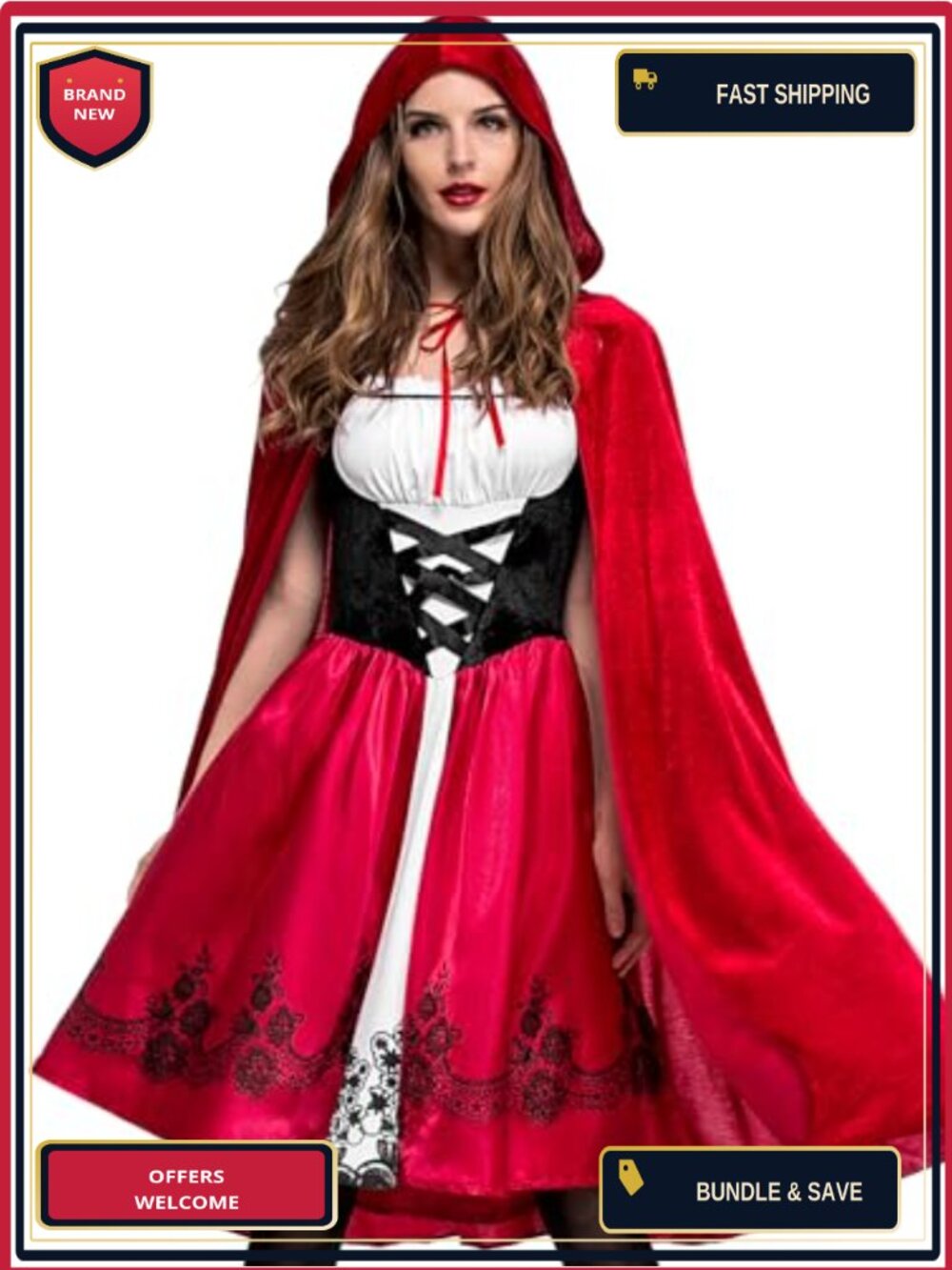 2PC Little Red Riding Hood Costume Set Dress with Velvet Hooded Cape Adult